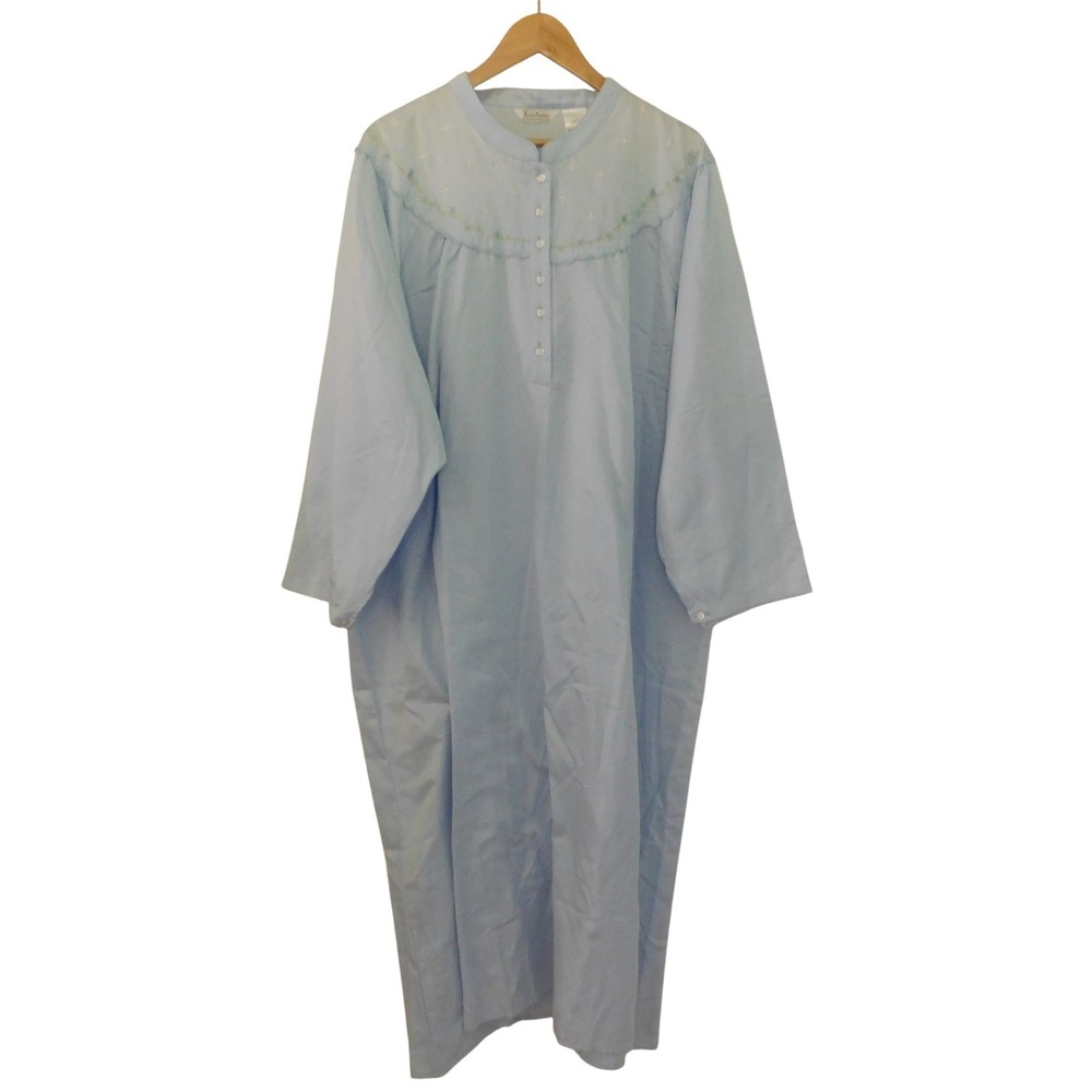 Kay Anna Blue Satin Nightgown Brushed Back Embroidered Long Sleeve Size 4X